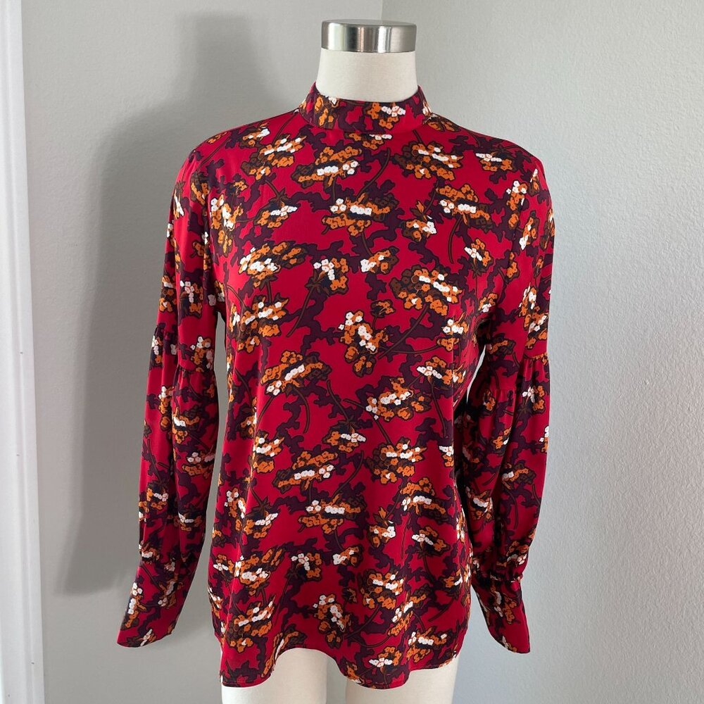 Ann Taylor Womens Small Floral Long Sleeve Top Fall Color Blouse Mock Neck